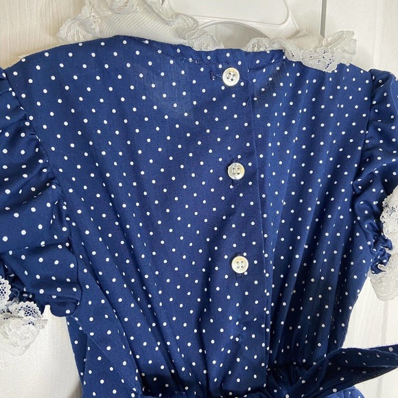 VTG Miss Quality Little Girls Size 5 Ruffle Lace Trim Dress Blue Polka Dot Frill - Picture 6 of 10